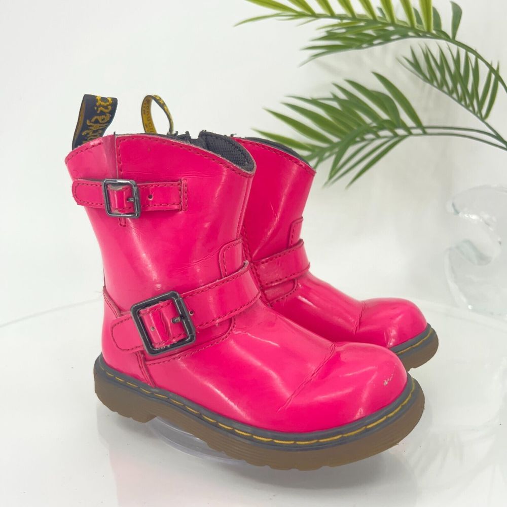 Doc Martens Jiffy Toddlers Leather Boots Girls Size 9 Pink Red Zip Moto Buckle